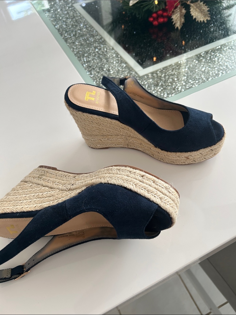 Navy Espadrille Wedge Slingback Peep-Toe Sandals - Women's